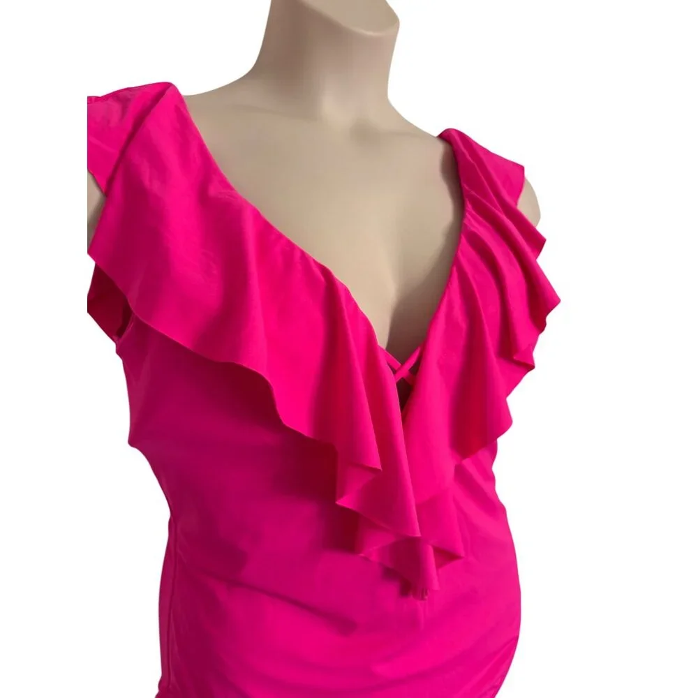 La Blanca Island Goddess Plunge Size 16 Ruffle One Piece Swimsuit Pop Pink NWT $